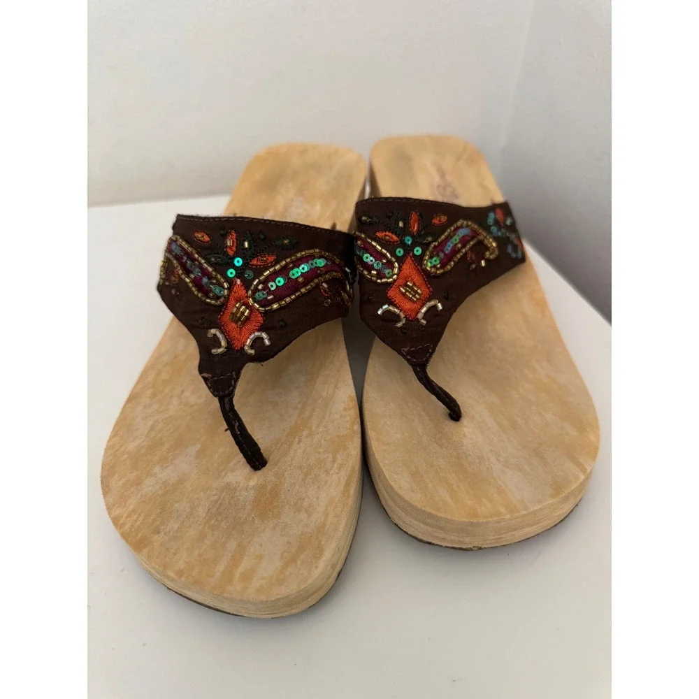 Skechers Something Else Vintage Y2K Wood Platform Paisley Beaded Sandals Brown